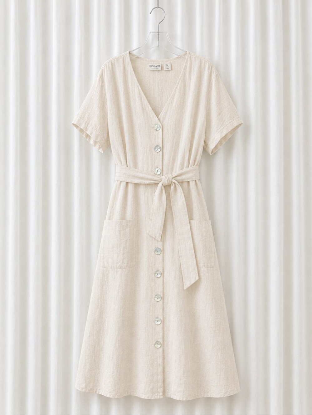 Rachel Zoe Light Coral Beige Linen Button Front Belted Coastal Chic Midi Dress